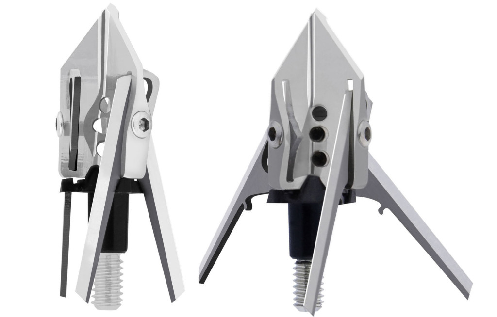 The new Rage 3-Blade broadhead with blades folded (left) and deployed (right). By designing the blades to be secured independently to the ferrule body at right angles, the occasional binding problem typical to some three-blade mechanical heads is eliminated.