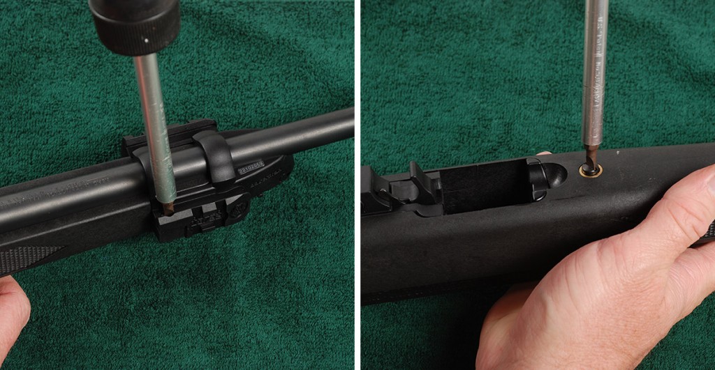 Removing your original 10/22 stock is a no-brainer—after removing the magazine and ensuring there is no ammo in the chamber, loosen the action screw and remove the barrel band.