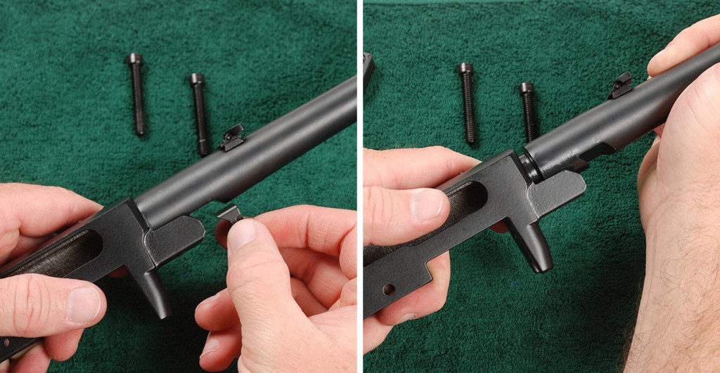 To remove the barrel, remove the two screws and V-block. The barrel can now be separated from the receiver.