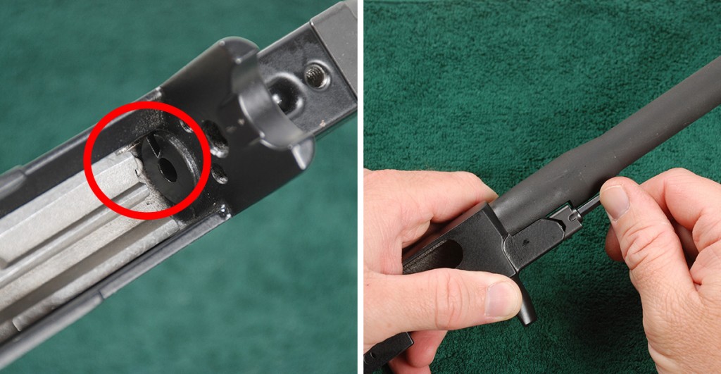 When reinstalling the barrel, it is important that the extractor lines up with the extractor groove in the barrel (circled). Once properly aligned, reinstall the barrel into the receiver and secure.